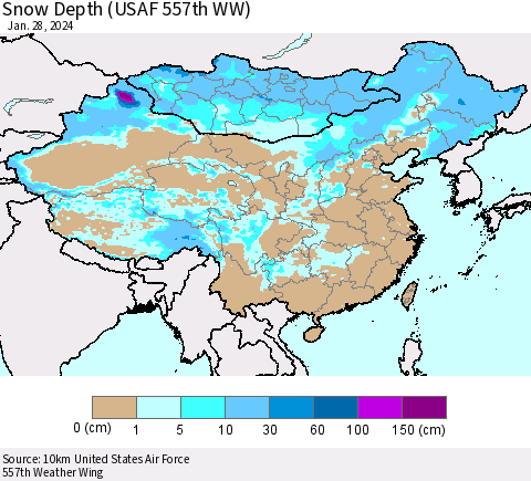 China, Mongolia and Taiwan Snow Depth (USAF 557th WW) Thematic Map For 1/22/2024 - 1/28/2024