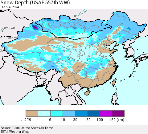 China, Mongolia and Taiwan Snow Depth (USAF 557th WW) Thematic Map For 1/29/2024 - 2/4/2024