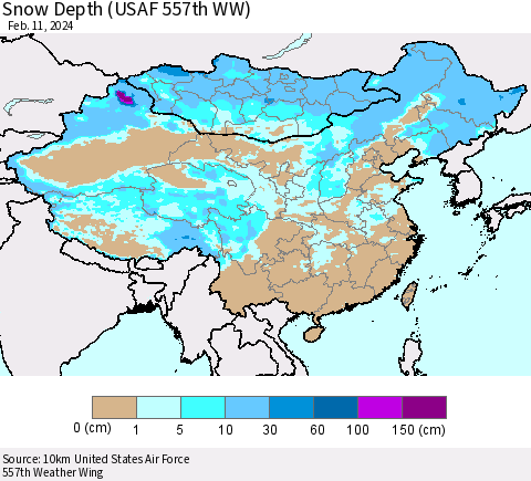 China, Mongolia and Taiwan Snow Depth (USAF 557th WW) Thematic Map For 2/5/2024 - 2/11/2024