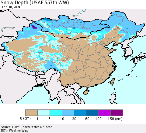China, Mongolia and Taiwan Snow Depth (USAF 557th WW) Thematic Map For 2/12/2024 - 2/18/2024