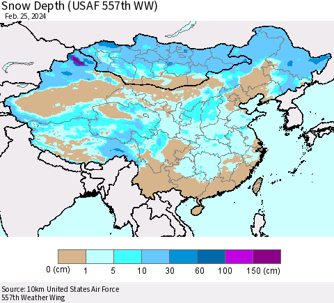 China, Mongolia and Taiwan Snow Depth (USAF 557th WW) Thematic Map For 2/19/2024 - 2/25/2024