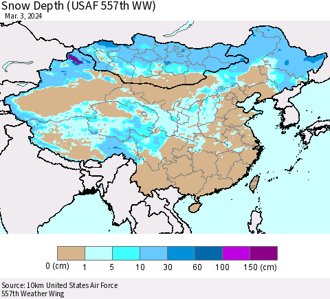 China, Mongolia and Taiwan Snow Depth (USAF 557th WW) Thematic Map For 2/26/2024 - 3/3/2024