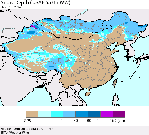 China, Mongolia and Taiwan Snow Depth (USAF 557th WW) Thematic Map For 3/4/2024 - 3/10/2024