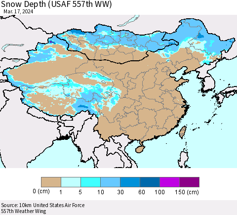 China, Mongolia and Taiwan Snow Depth (USAF 557th WW) Thematic Map For 3/11/2024 - 3/17/2024