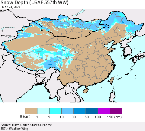 China, Mongolia and Taiwan Snow Depth (USAF 557th WW) Thematic Map For 3/18/2024 - 3/24/2024