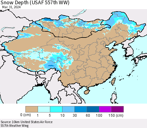 China, Mongolia and Taiwan Snow Depth (USAF 557th WW) Thematic Map For 3/25/2024 - 3/31/2024