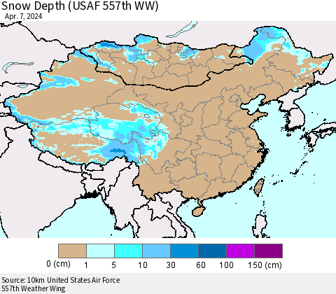 China, Mongolia and Taiwan Snow Depth (USAF 557th WW) Thematic Map For 4/1/2024 - 4/7/2024
