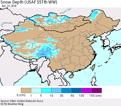 China, Mongolia and Taiwan Snow Depth (USAF 557th WW) Thematic Map For 4/8/2024 - 4/14/2024