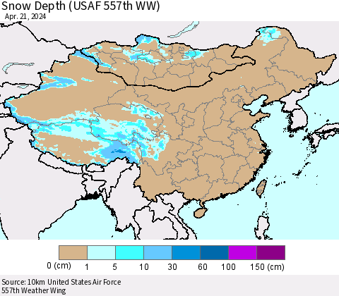 China, Mongolia and Taiwan Snow Depth (USAF 557th WW) Thematic Map For 4/15/2024 - 4/21/2024