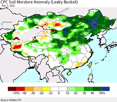 China, Mongolia and Taiwan CPC Soil Moisture Anomaly (Leaky Bucket) Thematic Map For 3/1/2021 - 3/5/2021