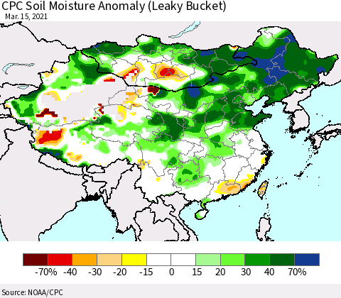 China, Mongolia and Taiwan CPC Soil Moisture Anomaly (Leaky Bucket) Thematic Map For 3/11/2021 - 3/15/2021