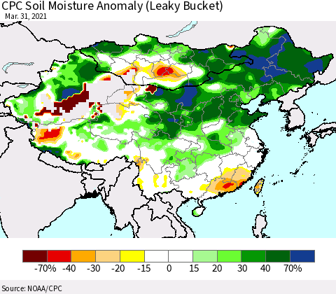 China, Mongolia and Taiwan CPC Soil Moisture Anomaly (Leaky Bucket) Thematic Map For 3/26/2021 - 3/31/2021