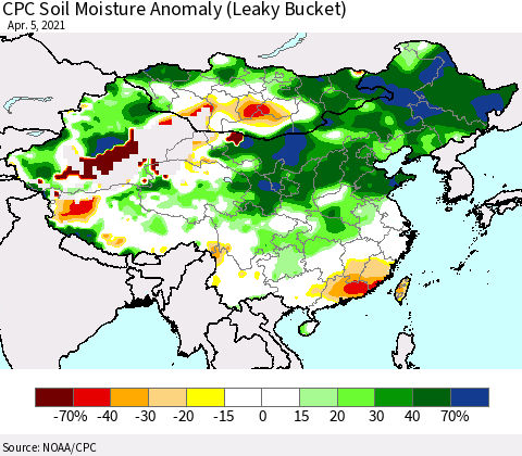 China, Mongolia and Taiwan CPC Soil Moisture Anomaly (Leaky Bucket) Thematic Map For 4/1/2021 - 4/5/2021