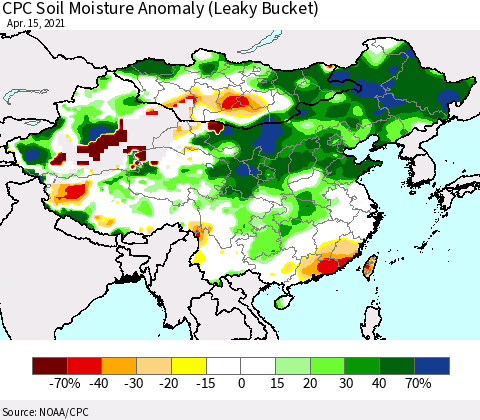 China, Mongolia and Taiwan CPC Soil Moisture Anomaly (Leaky Bucket) Thematic Map For 4/11/2021 - 4/15/2021