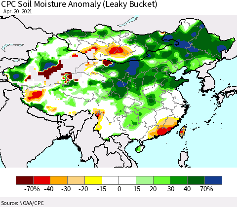 China, Mongolia and Taiwan CPC Soil Moisture Anomaly (Leaky Bucket) Thematic Map For 4/16/2021 - 4/20/2021