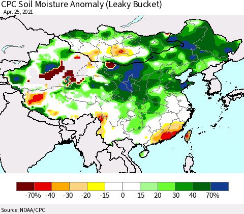 China, Mongolia and Taiwan CPC Soil Moisture Anomaly (Leaky Bucket) Thematic Map For 4/21/2021 - 4/25/2021