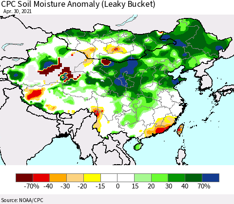 China, Mongolia and Taiwan CPC Soil Moisture Anomaly (Leaky Bucket) Thematic Map For 4/26/2021 - 4/30/2021