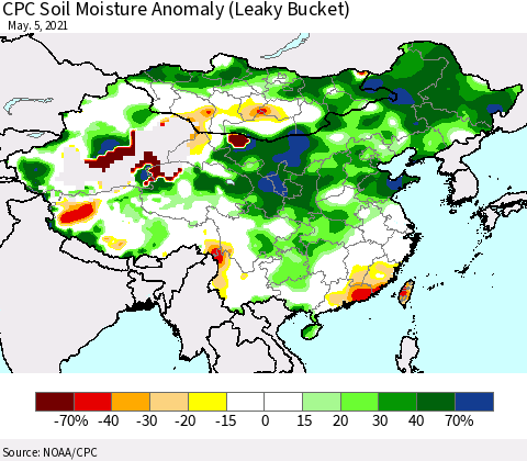 China, Mongolia and Taiwan CPC Soil Moisture Anomaly (Leaky Bucket) Thematic Map For 5/1/2021 - 5/5/2021