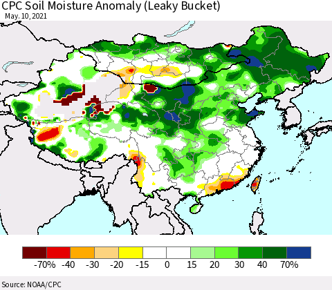 China, Mongolia and Taiwan CPC Soil Moisture Anomaly (Leaky Bucket) Thematic Map For 5/6/2021 - 5/10/2021