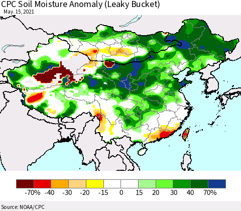 China, Mongolia and Taiwan CPC Soil Moisture Anomaly (Leaky Bucket) Thematic Map For 5/11/2021 - 5/15/2021
