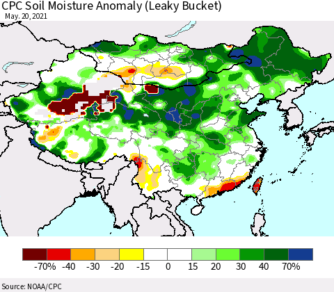 China, Mongolia and Taiwan CPC Soil Moisture Anomaly (Leaky Bucket) Thematic Map For 5/16/2021 - 5/20/2021
