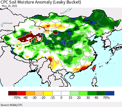 China, Mongolia and Taiwan CPC Soil Moisture Anomaly (Leaky Bucket) Thematic Map For 5/21/2021 - 5/25/2021