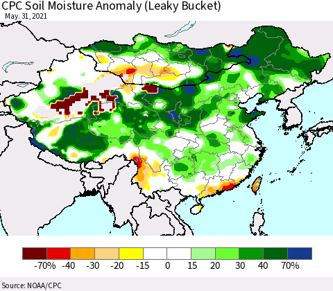 China, Mongolia and Taiwan CPC Soil Moisture Anomaly (Leaky Bucket) Thematic Map For 5/26/2021 - 5/31/2021