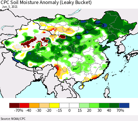 China, Mongolia and Taiwan CPC Soil Moisture Anomaly (Leaky Bucket) Thematic Map For 6/1/2021 - 6/5/2021