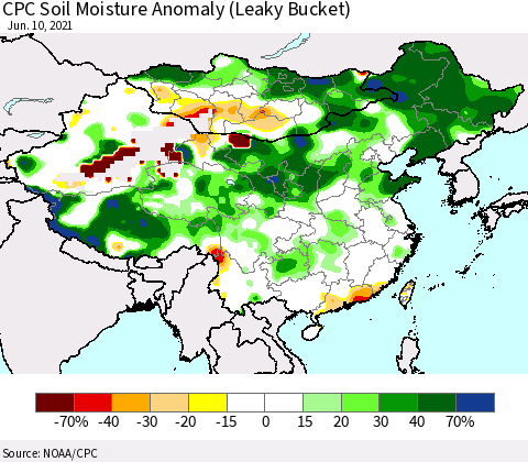 China, Mongolia and Taiwan CPC Soil Moisture Anomaly (Leaky Bucket) Thematic Map For 6/6/2021 - 6/10/2021