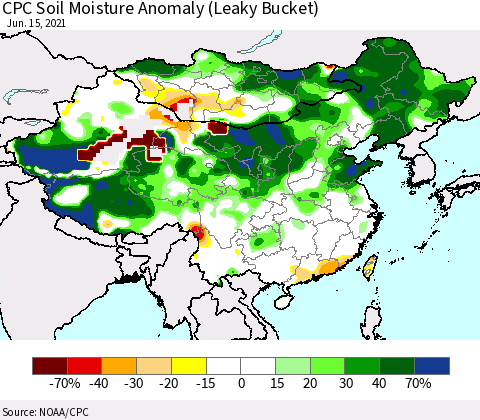 China, Mongolia and Taiwan CPC Soil Moisture Anomaly (Leaky Bucket) Thematic Map For 6/11/2021 - 6/15/2021