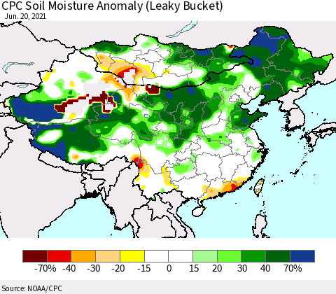 China, Mongolia and Taiwan CPC Soil Moisture Anomaly (Leaky Bucket) Thematic Map For 6/16/2021 - 6/20/2021