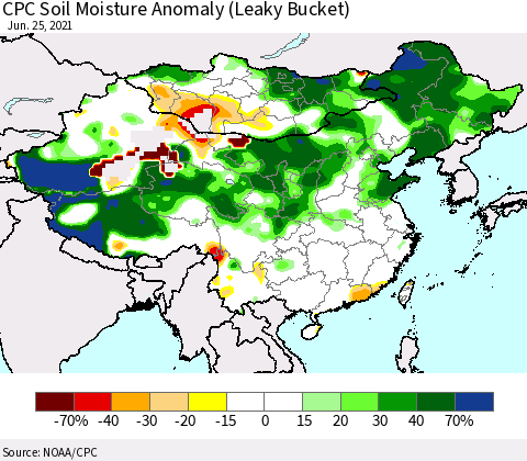 China, Mongolia and Taiwan CPC Soil Moisture Anomaly (Leaky Bucket) Thematic Map For 6/21/2021 - 6/25/2021