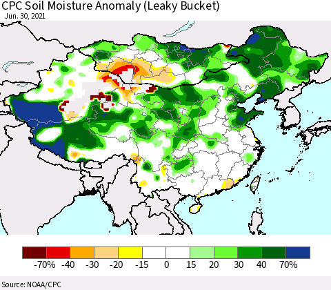 China, Mongolia and Taiwan CPC Soil Moisture Anomaly (Leaky Bucket) Thematic Map For 6/26/2021 - 6/30/2021