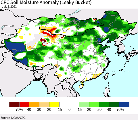 China, Mongolia and Taiwan CPC Soil Moisture Anomaly (Leaky Bucket) Thematic Map For 7/1/2021 - 7/5/2021