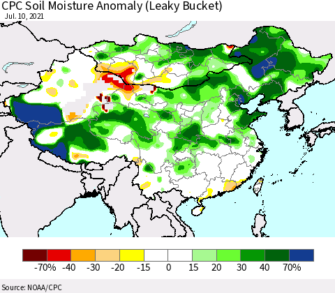 China, Mongolia and Taiwan CPC Soil Moisture Anomaly (Leaky Bucket) Thematic Map For 7/6/2021 - 7/10/2021