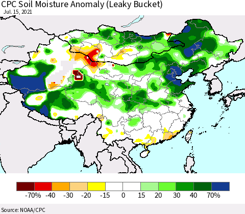 China, Mongolia and Taiwan CPC Soil Moisture Anomaly (Leaky Bucket) Thematic Map For 7/11/2021 - 7/15/2021