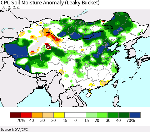China, Mongolia and Taiwan CPC Soil Moisture Anomaly (Leaky Bucket) Thematic Map For 7/21/2021 - 7/25/2021