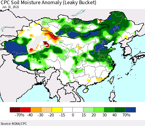 China, Mongolia and Taiwan CPC Soil Moisture Anomaly (Leaky Bucket) Thematic Map For 7/26/2021 - 7/31/2021