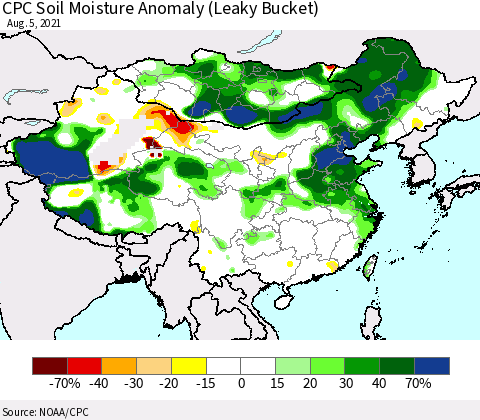 China, Mongolia and Taiwan CPC Soil Moisture Anomaly (Leaky Bucket) Thematic Map For 8/1/2021 - 8/5/2021