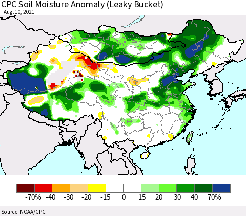 China, Mongolia and Taiwan CPC Soil Moisture Anomaly (Leaky Bucket) Thematic Map For 8/6/2021 - 8/10/2021