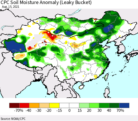 China, Mongolia and Taiwan CPC Soil Moisture Anomaly (Leaky Bucket) Thematic Map For 8/11/2021 - 8/15/2021