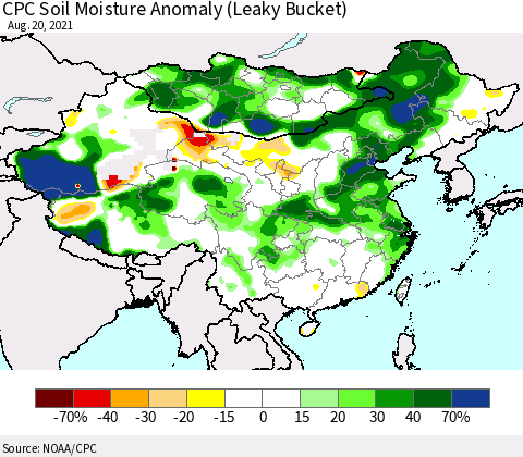 China, Mongolia and Taiwan CPC Soil Moisture Anomaly (Leaky Bucket) Thematic Map For 8/16/2021 - 8/20/2021
