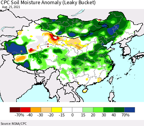 China, Mongolia and Taiwan CPC Soil Moisture Anomaly (Leaky Bucket) Thematic Map For 8/21/2021 - 8/25/2021