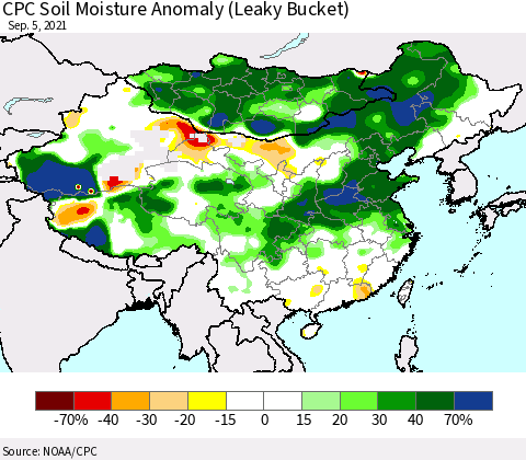 China, Mongolia and Taiwan CPC Soil Moisture Anomaly (Leaky Bucket) Thematic Map For 9/1/2021 - 9/5/2021