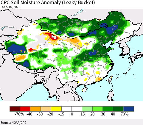 China, Mongolia and Taiwan CPC Soil Moisture Anomaly (Leaky Bucket) Thematic Map For 9/6/2021 - 9/10/2021