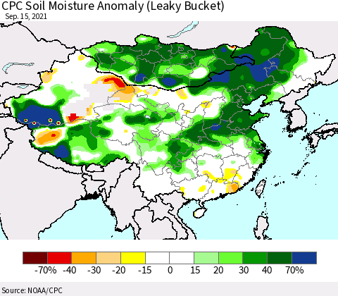 China, Mongolia and Taiwan CPC Soil Moisture Anomaly (Leaky Bucket) Thematic Map For 9/11/2021 - 9/15/2021