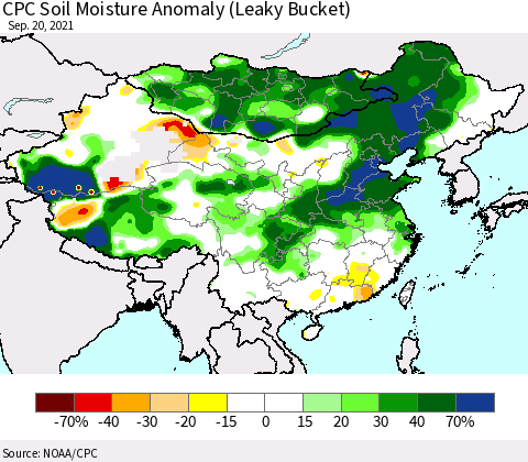 China, Mongolia and Taiwan CPC Soil Moisture Anomaly (Leaky Bucket) Thematic Map For 9/16/2021 - 9/20/2021