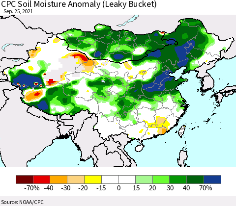 China, Mongolia and Taiwan CPC Soil Moisture Anomaly (Leaky Bucket) Thematic Map For 9/21/2021 - 9/25/2021