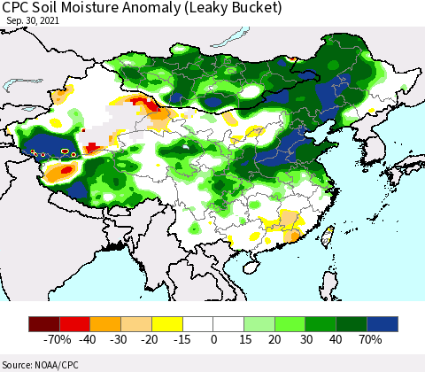 China, Mongolia and Taiwan CPC Soil Moisture Anomaly (Leaky Bucket) Thematic Map For 9/26/2021 - 9/30/2021