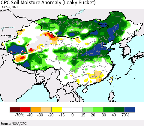 China, Mongolia and Taiwan CPC Soil Moisture Anomaly (Leaky Bucket) Thematic Map For 10/1/2021 - 10/5/2021